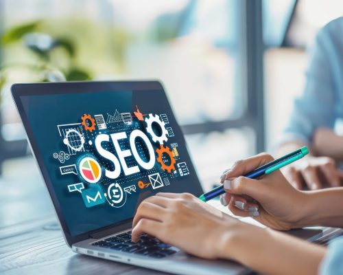 digital-marketing-professional-explaining-seo-optimization-strategies-webinar A digital marketing professional explaining "SEO" optimization strategies during a webinar.