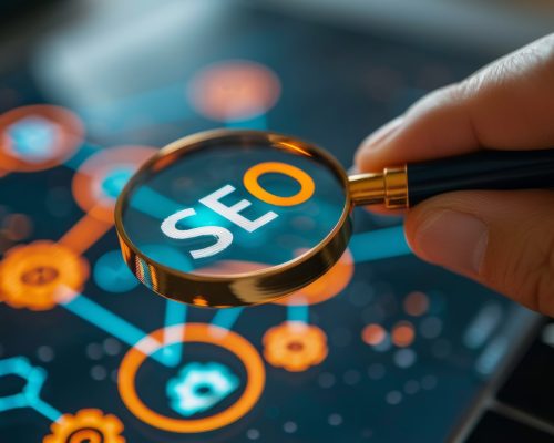 Futuristic SEO and Digital Marketing Concept on Virtual Screen The hand interacts with a vibrant SEO hologram, symbolizing the best practices of digital marketing and search engine optimization in the world of technology. Copy space. Mockup.