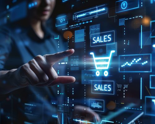 man-is-pointing-screen-with-shopping-cart-background man-is-pointing-screen-with-shopping-cart-background