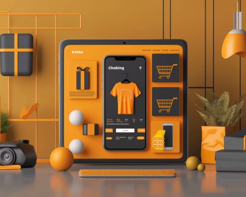 Modern online shopping concept with devices on orange background Stylish 3d illustration of a mobile shopping app interface with trendy orange gadgets